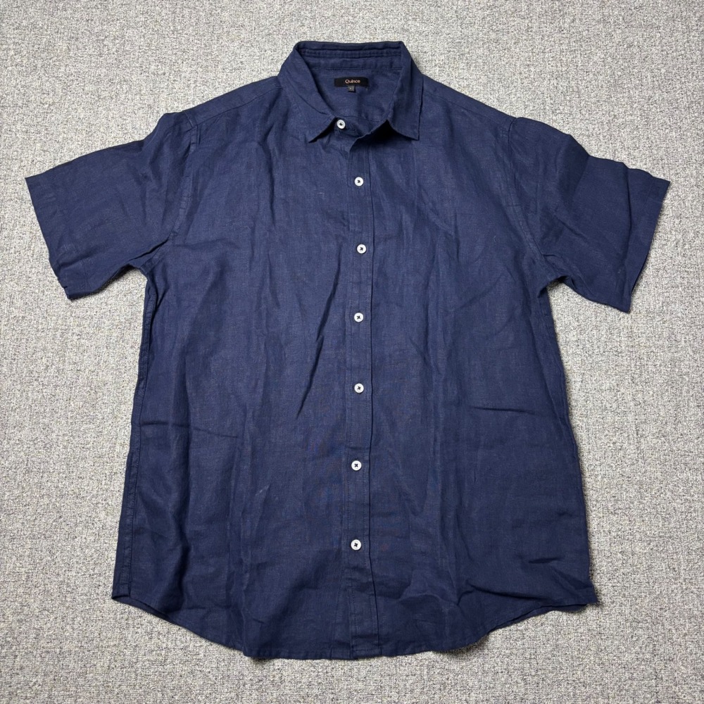 Quince Linen Shirt Mens Large Navy Blue Button Down Short Sleeve Casual